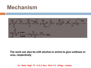 Mechanism
The work can also be with alcohol or amine to give urethane or
urea, respectively
Dr. Mishu Singh, Pt. D.D.U Govt. Girls P.G. College, Lucknow
 