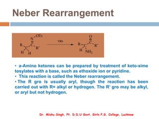 Neber Rearrangement
• a-Amino ketones can be prepared by treatment of keto-xime
tosylates with a base, such as ethoxide ion or pyridine.
• This reaction is called the Neber rearrangement.
• The R gro is usually aryl, though the reaction has been
carried out with R= alkyl or hydrogen. The R’ gro may be alkyl,
or aryl but not hydrogen.
Dr. Mishu Singh, Pt. D.D.U Govt. Girls P.G. College, Lucknow
 