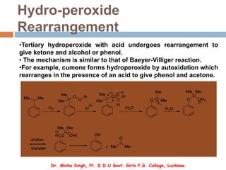 Hydro-peroxide
Rearrangement
•Tertiary hydroperoxide with acid undergoes rearrangement to
give ketone and alcohol or phenol.
• The mechanism is similar to that of Baeyer-Villiger reaction.
•For example, cumene forms hydroperoxide by autoxidation which
rearranges in the presence of an acid to give phenol and acetone.
Dr. Mishu Singh, Pt. D.D.U Govt. Girls P.G. College, Lucknow
 