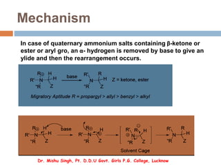 Mechanism
In case of quaternary ammonium salts containing β-ketone or
ester or aryl gro, an α- hydrogen is removed by base to give an
ylide and then the rearrangement occurs.
Dr. Mishu Singh, Pt. D.D.U Govt. Girls P.G. College, Lucknow
 