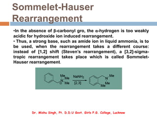 Sommelet-Hauser
Rearrangement
•In the absence of β-carbonyl gro, the α-hydrogen is too weakly
acidic for hydroxide ion induced rearrangement.
• Thus, a strong base, such as amide ion in liquid ammonia, is to
be used, when the rearrangement takes a different course:
instead of [1,2] shift (Steven’s rearrangement), a [3,2]-sigma-
tropic rearrangement takes place which is called Sommelet-
Hauser rearrangement.
Dr. Mishu Singh, Pt. D.D.U Govt. Girls P.G. College, Lucknow
 