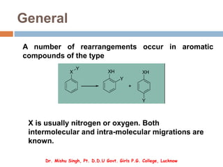 General
A number of rearrangements occur in aromatic
compounds of the type
X is usually nitrogen or oxygen. Both
intermolecular and intra-molecular migrations are
known.
Dr. Mishu Singh, Pt. D.D.U Govt. Girls P.G. College, Lucknow
 
