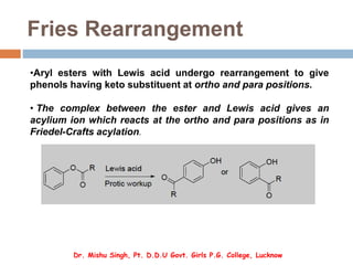 Fries Rearrangement
•Aryl esters with Lewis acid undergo rearrangement to give
phenols having keto substituent at ortho and para positions.
• The complex between the ester and Lewis acid gives an
acylium ion which reacts at the ortho and para positions as in
Friedel-Crafts acylation.
Dr. Mishu Singh, Pt. D.D.U Govt. Girls P.G. College, Lucknow
 