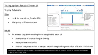 Testing options for Δ MET exon 14
Testing Substrate
DNA
• Look for mutations /indels- 120
• Many may still be unknown
mRNA
 An altered sequence missing bases assigned to exon 14
• A sequence of shorter length- 140 bp
• Near perfect sensitivity
• Shorter template makes it easy to amplify despite fragmentation of NA in FFPE tissue
Optimization of Routine Testing for MET Exon 14 Splice Site Mutations in NSCLC Patients. Journal of Thoracic Oncology Vol.
13 No. 12: 1873-1883. 2018
 