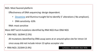 NGS- Most favored platform
Effectiveness of DNA sequencing: design dependent.
• Oncomine and Illumina trusight fail to identify 5’ alterations ( No amplicon).
• DNA sensitivity- 63%
RNA: most sensitive
More MET-ex14 mutations identified by RNA NGS than DNA NGS
• DNA NGS: 16/644 (2.5%)
All mutations identified by DNA assay were at or around splice site for intron 14
since assay did not include intron 13 splice acceptor site
• RNA NGS: 25/644 (3.9%) Jurkiewicz. ASCO 2020. Abstr 9036.
 