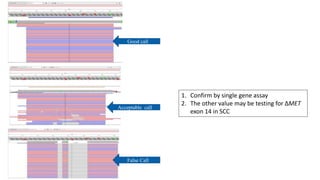 Good call
False Call
Acceptable call
1. Confirm by single gene assay
2. The other value may be testing for ∆MET
exon 14 in SCC
 