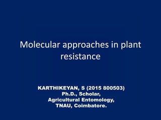 Molecular approaches in plant
resistance
KARTHIKEYAN, S (2015 800503)
Ph.D., Scholar,
Agricultural Entomology,
TNAU, Coimbatore.
 
