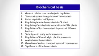 1. General cellular structure helps in regulation
2. Transport system in regulation of homeostasis
3. Redox regulation in C3 plants
4. Regulating Malate homeostasis in C4 plant
5. Regulating Carbohydrate metabolism in CAM plants
6. Regulation of ion homeostasis in plants of different
habitats
7. Techniques to study ion homeostasis
8. Regulation of Ca and Mg in plant homeostasis
9. Auxins based homeostasis
10. Overview of various transport system in homeostasis
11. Significance of ion homeostasis
Biochemical basis
 