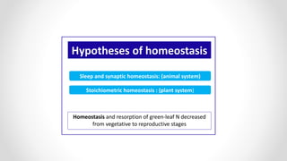 Hypotheses of homeostasis
Homeostasis and resorption of green-leaf N decreased
from vegetative to reproductive stages
Sleep and synaptic homeostasis: (animal system)
Stoichiometric homeostasis : (plant system)
 