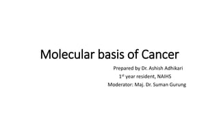 Molecular basis of Cancer
Prepared by Dr. Ashish Adhikari
1st year resident, NAIHS
Moderator: Maj. Dr. Suman Gurung
 