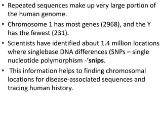 • Repeated sequences make up very large portion of
the human genome.
• Chromosome 1 has most genes (2968), and the Y
has the fewest (231).
• Scientists have identified about 1.4 million locations
where singlebase DNA differences (SNPs – single
nucleotide polymorphism -‘snips.
• This information helps to finding chromosomal
locations for disease-associated sequences and
tracing human history.
 