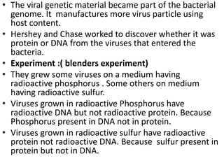 • The viral genetic material became part of the bacterial
genome. It manufactures more virus particle using
host content.
• Hershey and Chase worked to discover whether it was
protein or DNA from the viruses that entered the
bacteria.
• Experiment :( blenders experiment)
• They grew some viruses on a medium having
radioactive phosphorus . Some others on medium
having radioactive sulfur.
• Viruses grown in radioactive Phosphorus have
radioactive DNA but not radioactive protein. Because
Phosphorus present in DNA not in protein.
• Viruses grown in radioactive sulfur have radioactive
protein not radioactive DNA. Because sulfur present in
protein but not in DNA.
 