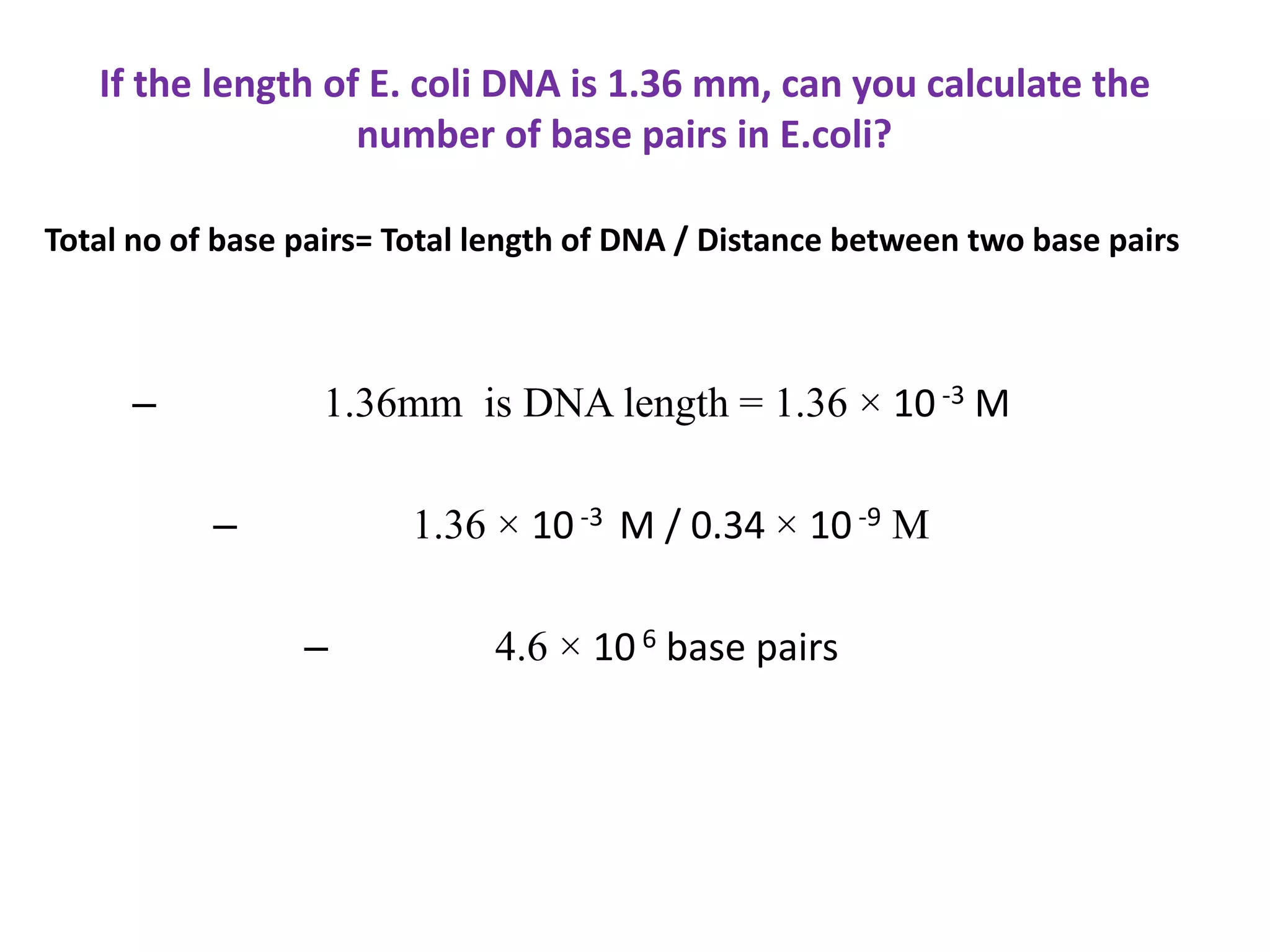 If the length of E. coli DNA is 1.36 mm, can you calculate the
number of base pairs in E.coli?
– 1.36mm is DNA length = 1.36 × 10-3 M
– 1.36 × 10-3 M / 0.34 × 10-9 M
– 4.6 × 10 6 base pairs
Total no of base pairs= Total length of DNA / Distance between two base pairs
 