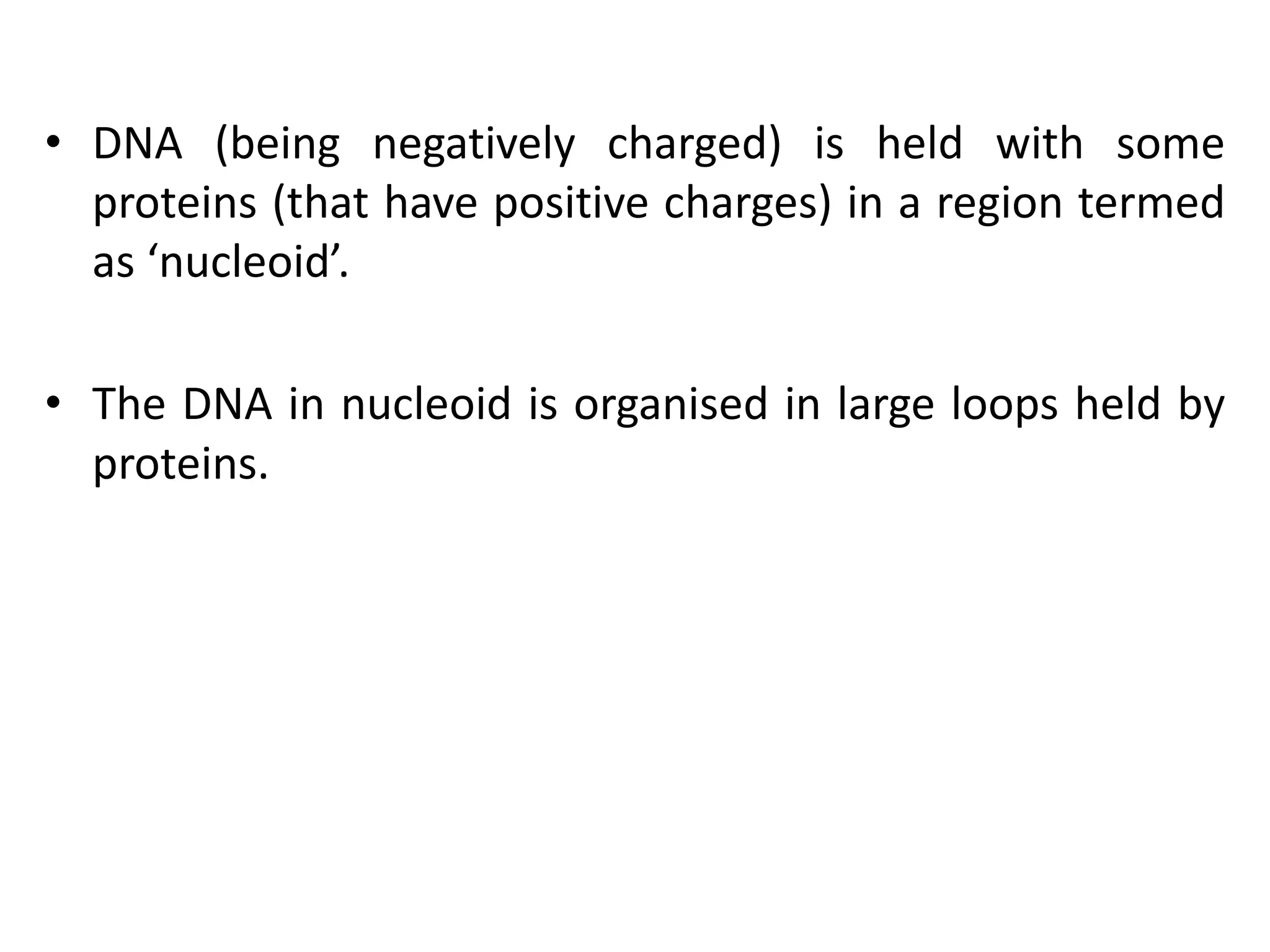 • DNA (being negatively charged) is held with some
proteins (that have positive charges) in a region termed
as ‘nucleoid’.
• The DNA in nucleoid is organised in large loops held by
proteins.
 