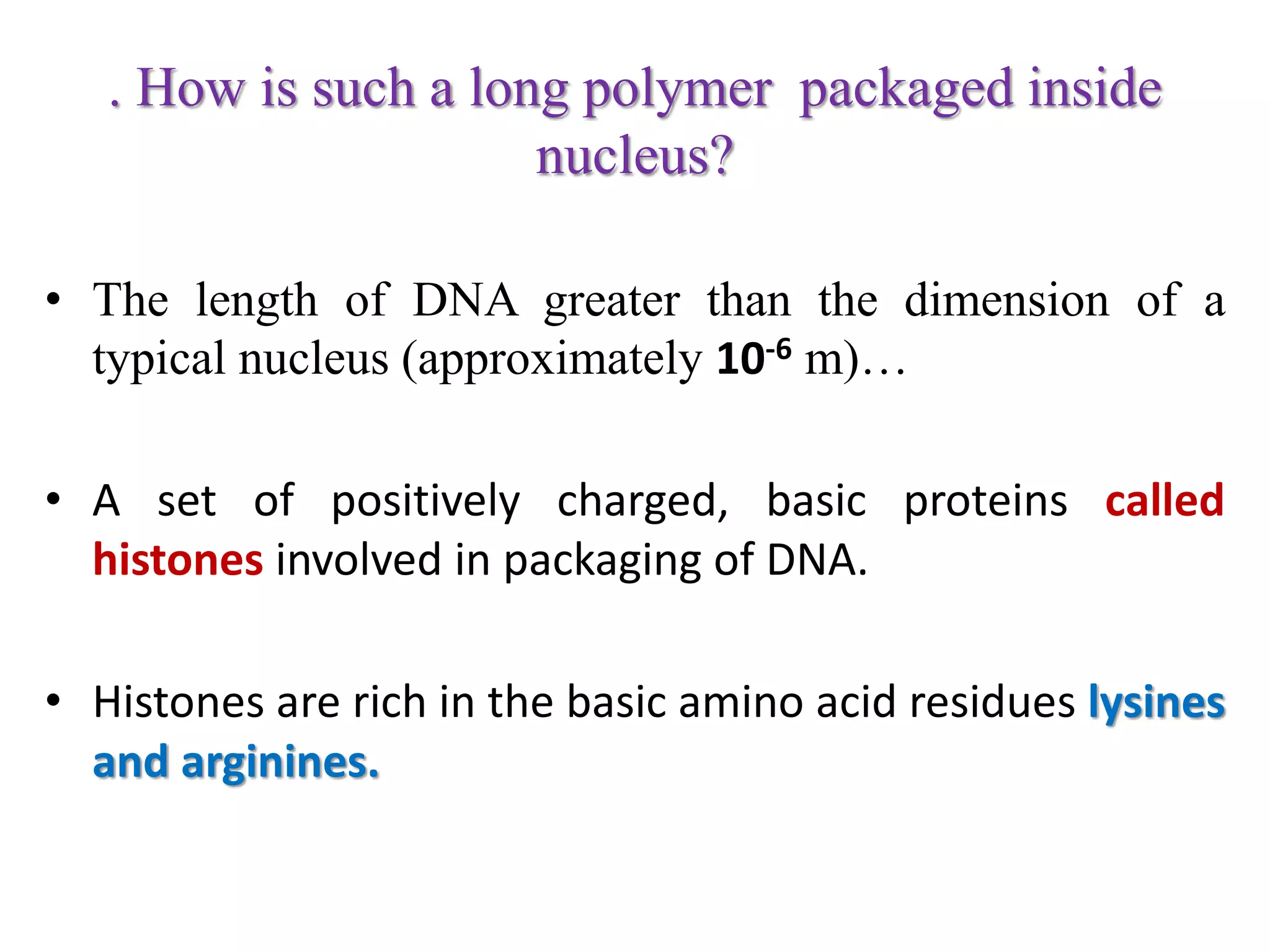 . How is such a long polymer packaged inside
nucleus?
• The length of DNA greater than the dimension of a
typical nucleus (approximately 10-6 m)…
• A set of positively charged, basic proteins called
histones involved in packaging of DNA.
• Histones are rich in the basic amino acid residues lysines
and arginines.
 