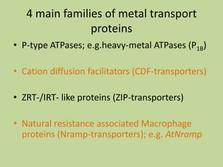 4 main families of metal transport
proteins
• P-type ATPases; e.g.heavy-metal ATPases (P1B)
• Cation diffusion facilitators (CDF-transporters)

• ZRT-/IRT- like proteins (ZIP-transporters)
• Natural resistance associated Macrophage
proteins (Nramp-transporters); e.g. AtNramp

 