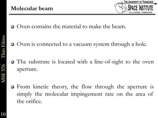 Molecular beam

                          Oven contains the material to make the beam.
MSE 576     Thin Films




                          Oven is connected to a vacuum system through a hole.

                          The substrate is located with a line-of-sight to the oven
                          aperture.

                          From kinetic theory, the flow through the aperture is
                          simply the molecular impingement rate on the area of
                          the orifice.

10                                                                             10 of xx
 