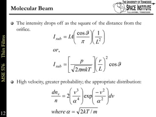 Molecular Beam

                          The intensity drops off as the square of the distance from the
                          orifice.
                                                         ⎛ cos ϑ ⎞⎛ 1 ⎞
                                             I sub   = IA⎜       ⎟⎜ 2 ⎟
MSE 576     Thin Films




                                                         ⎝ π ⎠⎝ L ⎠
                                            or ,
                                                                          2
                                                      ⎡   p      ⎤⎛ r ⎞
                                             I sub   =⎢          ⎥⎜ ⎟ cos ϑ
                                                      ⎣ 2πmkT    ⎦⎝ L ⎠
                          High velocity, greater probability; the appropriate distribution:

                                            dnv    ⎛ v3 ⎞   ⎛ − v2        ⎞
                                                = 2⎜ 4 ⎟ exp⎜ 2           ⎟dv
                                             n     ⎜α ⎟     ⎜α            ⎟
                                                   ⎝    ⎠   ⎝             ⎠
12                                          where α = 2kT / m                                 12 of xx
 