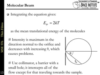 Molecular Beam

                          Integrating the equation gives:

                                                Etr = 2kT
MSE 576     Thin Films




                          as the mean translational energy of the molecules

                         # Intensity is maximum in the
                         direction normal to the orifice and
                         decreases with increasing θ, which
                         causes problems.                         θ

                                                                      Iθ
                         # Use collimator, a barrier with a
                         small hole; it intercepts all of the
13                       flow except for that traveling towards the sample.   13 of xx
 