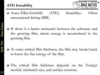 ATG Instability
                           Ataro-Tiller-Grinfeld (ATG)         Instability:   Often
                           encountered during MBE.
MSE 576     Thin Films




                           If there is a lattice mismatch between the substrate and
                           the growing film, elastic energy is accumulated in the
                           growing film.

                           At some critical film thickness, the film may break/crack
                           to lower the free energy of the film.

                           The critical film thickness depends on the Young’s
                           moduli, mismatch size, and surface tensions.
15                                                                              15 of xx
 