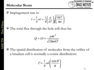 MSE576ThinFilms
11 of xx
Molecular Beam
Impingement rate is:
The total flux through the hole will thus be:
The spatial distribution of molecules from the orifice of
a knudsen cell is normally a cosine distribution:












==
m
kT
kT
p
vnI
π
8
4
1
4
1
mkT
rp
IAQ
π
π
2
2
==






=
π
ϑcos
4
1
' vnI
 