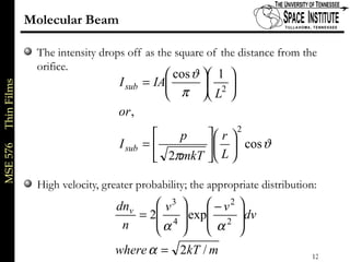 MSE576ThinFilms
12 of xx
Molecular Beam
The intensity drops off as the square of the distance from the
orifice.
High velocity, greater probability; the appropriate distribution:
ϑ
π
π
ϑ
cos
2
,
1cos
2
2












=












=
L
r
mkT
p
I
or
L
IAI
sub
sub
mkTwhere
dv
vv
n
dnv
/2
exp2 2
2
4
3
=







 −








=
α
αα
 