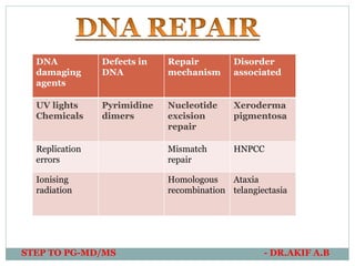 STEP TO PG-MD/MS - DR.AKIF A.B
DNA
damaging
agents
Defects in
DNA
Repair
mechanism
Disorder
associated
UV lights
Chemicals
Pyrimidine
dimers
Nucleotide
excision
repair
Xeroderma
pigmentosa
Replication
errors
Mismatch
repair
HNPCC
Ionising
radiation
Homologous
recombination
Ataxia
telangiectasia
 
