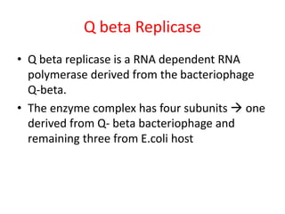 Q beta Replicase
• Q beta replicase is a RNA dependent RNA
polymerase derived from the bacteriophage
Q-beta.
• The enzyme complex has four subunits  one
derived from Q- beta bacteriophage and
remaining three from E.coli host
 