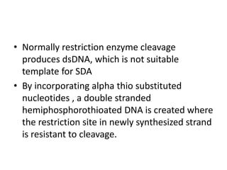 • Normally restriction enzyme cleavage
produces dsDNA, which is not suitable
template for SDA
• By incorporating alpha thio substituted
nucleotides , a double stranded
hemiphosphorothioated DNA is created where
the restriction site in newly synthesized strand
is resistant to cleavage.
 