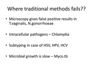 Where traditional methods fails??
• Microscopy gives false positive results in
T.vaginalis, N.gonorrhoeae
• Intracellular pathogens – Chlamydia
• Subtyping in case of HSV, HPV, HCV
• Microbial growth is slow – Myco.tb
 