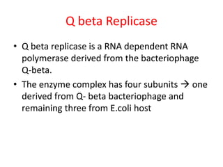 Q beta Replicase
• Q beta replicase is a RNA dependent RNA
polymerase derived from the bacteriophage
Q-beta.
• The enzyme complex has four subunits  one
derived from Q- beta bacteriophage and
remaining three from E.coli host
 