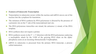 ,
 Features of Eukaryotic Transcription
 Transcription in eukaryotes occurs within the nucleus and mRNA moves out of the
nucleus into the cytoplasm for translation.
 The initiation of RNA synthesis by RNA polymerase is directed by the presence of
a promoter site on the 5’ side of the transcriptional start site.
 The RNA polymerase transcribes one strand, the antisense (-) strand, of the DNA
template.
 RNA synthesis does not require a primer.
 RNA synthesis occurs in the 5’ → 3’ direction with the RNA polymerase catalyzing
a nucleophilic attack by the 3-OH of the growing RNA chain on the alpha-
phosphorus atom on an incoming ribonucleoside 5-triphosphate.
 mRNA in eukaryotes is processed from the primary RNA transcript, a process
called maturation.
 
