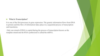 ,
 What is Transcription?
It is one of the first processes in gene expression. The genetic information flows from DNA
to protein and this flow of information takes place in a sequential process of transcription
and translation.
Only one strand of DNA is copied during the process of transcription known as the
template strand and the RNA synthesized is called the mRNA.
 