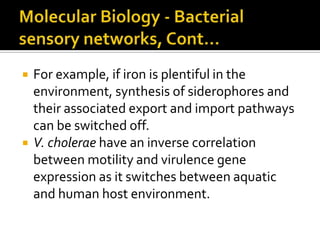    For example, if iron is plentiful in the
    environment, synthesis of siderophores and
    their associated export and import pathways
    can be switched off.
   V. cholerae have an inverse correlation
    between motility and virulence gene
    expression as it switches between aquatic
    and human host environment.
 