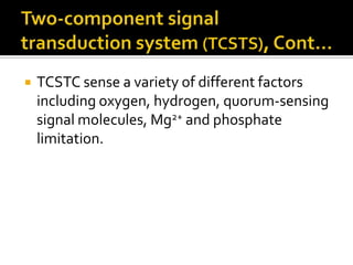    TCSTC sense a variety of different factors
    including oxygen, hydrogen, quorum-sensing
    signal molecules, Mg2+ and phosphate
    limitation.
 
