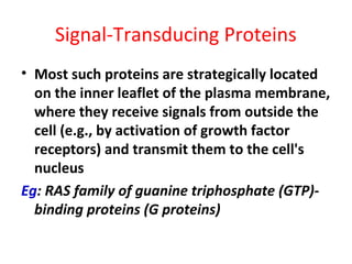 Signal-Transducing Proteins
• Most such proteins are strategically located
on the inner leaflet of the plasma membrane,
where they receive signals from outside the
cell (e.g., by activation of growth factor
receptors) and transmit them to the cell's
nucleus
Eg: RAS family of guanine triphosphate (GTP)-
binding proteins (G proteins)
 