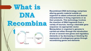 What is
DNA
Recombina
tion???
Recombinant DNA technology comprises
altering genetic material outside an
organism to obtain enhanced and desired
characteristics in living organisms or as
their products. This technology involves
the insertion of DNA fragments from a
variety of sources, having a desirable gene
sequence via appropriate vector.
Manipulation in organism’s genome is
carried out either through the introduction
of one or several new genes and regulatory
elements or by decreasing or blocking the
expression of endogenous genes through
recombining genes and elements
 