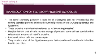 TRANSLOCATION OF SECRETORY PROTEINS ACROSS ER
• The same secretory pathway is used by all eukaryotic cells for synthesizing and
sorting secreted proteins and soluble luminal proteins in the ER, Golgi apparatus and
lysosomes.
• These proteins are collectively referred to as “secretory proteins”.
• Despite the fact that all cells secrete a range of proteins, some cell are specialized to
release vast amounts of specific proteins.
• Pancreatic acinar cells are one example.
• They produce a lot of the digestive enzymes that are released into the ductules that
lead to the colon.
8
Protein sorting &
Translocation
 