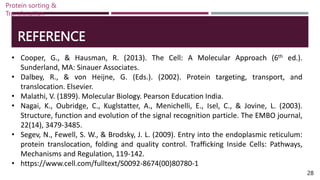 REFERENCE
• Cooper, G., & Hausman, R. (2013). The Cell: A Molecular Approach (6th ed.).
Sunderland, MA: Sinauer Associates.
• Dalbey, R., & von Heijne, G. (Eds.). (2002). Protein targeting, transport, and
translocation. Elsevier.
• Malathi, V. (1899). Molecular Biology. Pearson Education India.
• Nagai, K., Oubridge, C., Kuglstatter, A., Menichelli, E., Isel, C., & Jovine, L. (2003).
Structure, function and evolution of the signal recognition particle. The EMBO journal,
22(14), 3479-3485.
• Segev, N., Fewell, S. W., & Brodsky, J. L. (2009). Entry into the endoplasmic reticulum:
protein translocation, folding and quality control. Trafficking Inside Cells: Pathways,
Mechanisms and Regulation, 119-142.
• https://www.cell.com/fulltext/S0092-8674(00)80780-1
28
Protein sorting &
Translocation
 