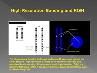 Control Signals
Region-Specific Signal
The chromosome banding technique performed 20 years ago missed the
small deletion. High resolution banding developed more recently can
elucidate the abnormality. Fluorescence in situ Hybridization (FISH) is a
powerful technique in that it can reveal submicroscopic abnormalities even
in non-dividing cells.
 