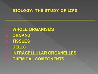 1. WHOLE ORGANISMS
2. ORGANS
3. TISSUES
4. CELLS
5. INTRACELLULAR ORGANELLES
6. CHEMICAL COMPONENTS
 