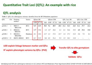Quantitative Trait Loci (QTL): An example with rice
QTL analysis
Identifying novel QTLs for submergence tolerance in rice cultivars IR72 and Mada:baru:Theor Appl Genet (2012) 124:867–874 DOI 10.1007/s00122-
LOD explain linkage between marker and QTLs
R2 explain phenotypic variance by QTLs (PVE)
Transfer QTL to elite germplasm
Validate QTLs
 