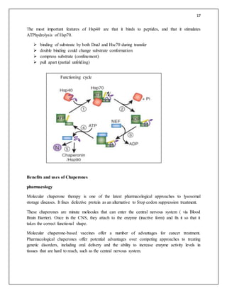 17
The most important features of Hsp40 are that it binds to peptides, and that it stimulates
ATPhydrolysis of Hsp70.
 binding of substrate by both DnaJ and Hsc70 during transfer
 double binding could change substrate conformation
 compress substrate (confinement)
 pull apart (partial unfolding)
Benefits and uses of Chaperones
pharmacology
Molecular chaperone therapy is one of the latest pharmacological approaches to lysosomal
storage diseases. It fixes defective protein as an alternative to Stop codon suppression treatment.
These chaperones are minute molecules that can enter the central nervous system ( via Blood
Brain Barrier). Once in the CNS, they attach to the enzyme (inactive form) and fix it so that it
takes the correct functional shape.
Molecular chaperone-based vaccines offer a number of advantages for cancer treatment.
Pharmacological chaperones offer potential advantages over competing approaches to treating
genetic disorders, including oral delivery and the ability to increase enzyme activity levels in
tissues that are hard to reach, such as the central nervous system.
Functioning cycle
 