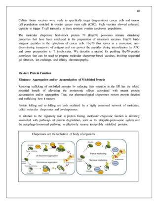 18
Cellular fusion vaccines were made to specifically target drug-resistant cancer cells and tumour
cell populations enriched in ovarian cancer stem cells (CSC). Such vaccines showed enhanced
capacity to trigger T cell immunity to these resistant ovarian carcinoma populations.
The molecular chaperone heat-shock protein 70 (Hsp70) possesses immune stimulatory
properties that have been employed in the preparation of anticancer vaccines. Hsp70 binds
antigenic peptides in the cytoplasm of cancer cells. Hsp70 thus serves as a convenient, non-
discriminating transporter of antigens and can protect the peptides during internalization by APC
and cross presentation to T lymphocytes. We describe a method for purifying Hsp70-peptide
complexes that can be used to prepare molecular chaperone-based vaccines, involving sequential
gel filtration, ion exchange, and affinity chromatography.
Restore Protein Function
Eliminate Aggregation and/or Accumulation of Misfolded Protein
Restoring trafficking of misfolded proteins by reducing their retention in the ER has the added
potential benefit of alleviating the proteotoxic effects associated with mutant protein
accumulation and/or aggregation. Thus, our pharmacological chaperones restore protein function
and trafficking how it matters.
Protein folding and re-folding are both mediated by a highly conserved network of molecules,
called molecular chaperones and co-chaperones.
In addition to the regulatory role in protein folding, molecular chaperone function is intimately
associated with pathways of protein degradation, such as the ubiquitin-proteasome system and
the autophagy-lysosomal pathway, to effectively remove irreversibly misfolded proteins.
Chaperones are the technition of body of organisms
 