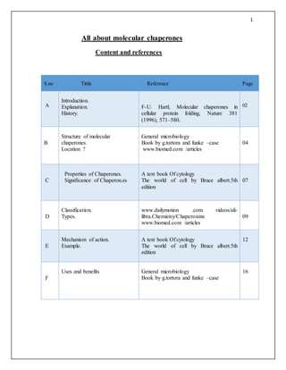 1
All about molecular chaperones
Content and references
S.no Tittle Reference Page
A
Introduction.
Explanation.
History.
F-U. Hartl, Molecular chaperones in
cellular protein folding, Nature 381
(1996), 571–580.
02
B
Structure of molecular
chaperones.
Location ?
General microbiology
Book by g.tortora and funke –case
www.biomed.com /articles
04
C
Properties of Chaperones.
Significance of Chaperon.es
A text book Of cytology
The world of cell by Bruce albert.5th
edition
07
D
Classification.
Types.
www.dailymotion .com videos/ali-
libra.Chemistry/Chaperonins
www.biomed.com /articles
09
E
Mechanism of action.
Example.
A text book Of cytology
The world of cell by Bruce albert.5th
edition
12
F
Uses and benefits General microbiology
Book by g.tortora and funke –case
16
 