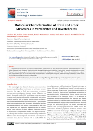 Page 1 of 35
Molecular Characterization of Brain and other
Structures in Vertebrates and Invertebrates
Luisetto M*1
, Gamal Abdul Hamid2
, Naseer Almukhtar3
, Ahmed Yesvi Rafa4
, Behzad Nili Ahmadabadi5
and Ghulam Rasool Mashori6
1
Department of Applied Pharmacologist, Italy
2
Department of Hematology Oncology, University of Aden, Yemen
3
Department of Physiology, University of Babylon, Iraq
4
Independent Researcher, Bangladesh
5
Pharm D/PhD innovative Pharmaceutical product development specialist, USA
6
Professor of Pharmacology, People University of Medical & Health Sciences for Women, Pakistan
Received Date: May 27, 2019
Published Date: May 30, 2019
Research Article Copyright © All rights are reserved by Luisetto M
ISSN: 2641-1911 DOI: 10.33552/ANN.2019.03.000572
Archives in
Neurology & Neuroscience
*Corresponding author: Luisetto M, Applied pharmacologist, European specialist
lab medicine EC4 registered independent researcher, Italy.
Introduction
It is interesting to start this work observing some conservation
of genes in evolution from invertebrates to vertebrates in some
properties like organ or body part regeneration -restriction,
nervous system development, immune system (adaptative vs
innate), hormonal profile, DNA methylation properties opiates
receptors profile, another. It Is possible to obtain useful information
from this model in field of immune system disease, oncology or
other degenerative pathology (like fibrosys et other)? Invertebrates
model but also amphioxus and vertebrates show various abilities
in regenerate some boy part and this is due by a specific gene code
that regulate this kind of process. In pathology field the Fibrosis
process is the formation of excess of fibrous connective tissue in
an organ/tissue in a reparative or reactive kind of process: benign,
or pathological. In response to injury, called scarring, and fibroma
if fibrosis arises from a single cell line. Fibrosis acts to deposit a
connective tissue, that can interfere with or totally inhibit the
normal architecture and functionality of the underlying organ or
tissue. (Fibrosis is the pathological state of excess deposition of
fibrous tissue, and the process of connective tissue deposition in
healing). Defined by the process of pathological accumulation of
extracellular matrix (ECM) proteins, fibrosis results in scarring
and thickening of the interested tissue, it is in essence an
exaggerated wound healing response that interferes with normal
organ functionality. (is similar to the scarring phenomena, involve
stimulated fibroblasts laying down connective tissue, including
collagen and glycosamino-glycans. The process start when the
immune- cells (macrophages) release the soluble factors that
stimulate the fibroblasts population. Pro-fibrotic mediator is the
TGF beta, released by macro-phages and by any damaged tissue
between surfaces named interstitium. Other mediators involved:
CTGF, platelet-derived growth factor (PDGF), interleukin 4. These
start the signal transduction pathways like s AKT/mTOR, SMAD
pathways that ultimately lead to the proliferation - activation of the
Abstract
Comparative studies of brain and nervous system evolution - development and other structure in vertebrates and invertebrates and in their
joining, link show some similarities or differences due by the gene expression. A wide scope of invertebrate immunocytes share with vertebrate
phagocytic macrophages, phagocytosis, chemotaxis, tumorocidal activity and cytotoxic natural killer (NK) cells, and cytotoxicity in stress response
or in transplantation. This fact can be useful to take in consideration in searching new therapeutic and pharmacological strategy of human disease
like oncology, immunology, or degenerative pathology.
Keywords: Invertebrates; Vertebrates; Evolutionary; Pharmacology; Pathology; Molecular biology; Genetic regeneration; Immune system
This work is licensed under Creative Commons Attribution 4.0 License ANN.MS.ID.000572.
 