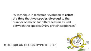 MOLECULAR CLOCK HYPOTHESIS!
1
“A technique in molecular evolution to relate
the time that two species diverged to the
number of molecular differences measured
between the species DNA/ protein sequences”
 