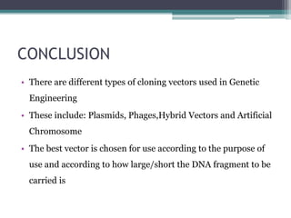 CONCLUSION
• There are different types of cloning vectors used in Genetic
Engineering
• These include: Plasmids, Phages,Hybrid Vectors and Artificial
Chromosome
• The best vector is chosen for use according to the purpose of
use and according to how large/short the DNA fragment to be
carried is
 