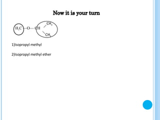 H 3 C —O— CH CH 3 CH 3 1)Isopropyl methyl 2)Isopropyl methyl ether 