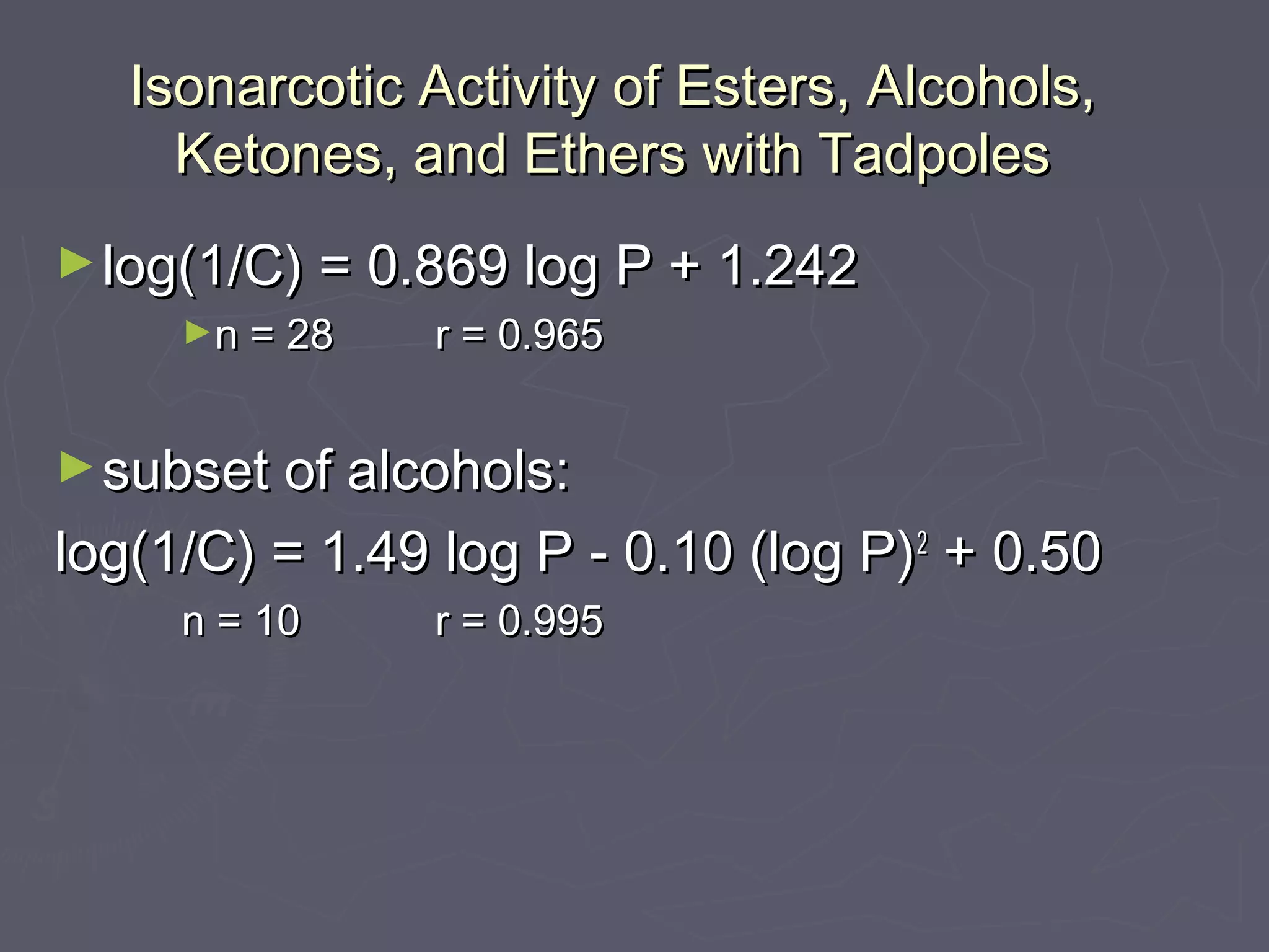 Isonarcotic Activity of Esters, Alcohols,Isonarcotic Activity of Esters, Alcohols,
Ketones, and Ethers with TadpolesKetones, and Ethers with Tadpoles
►log(1/C) = 0.869 log P + 1.242log(1/C) = 0.869 log P + 1.242
►n = 28n = 28 r = 0.965r = 0.965
►subset of alcohols:subset of alcohols:
log(1/C) = 1.49 log P - 0.10 (log P)log(1/C) = 1.49 log P - 0.10 (log P)22
+ 0.50+ 0.50
n = 10n = 10 r = 0.995r = 0.995
 